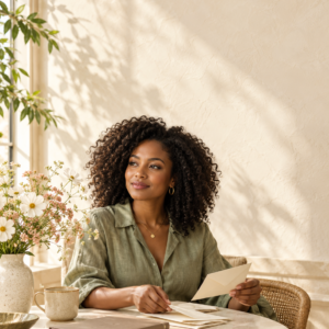 Woman with curly dark hair wearing a sage-green blouse, seated at a sunlit table holding an envelope. Papers, a closed notebook, a ceramic mug, and white and pink flowers surround her.